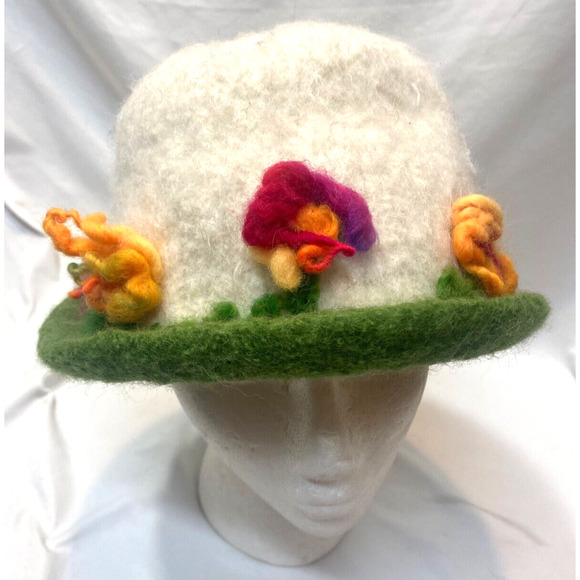 Hand Crafted Felted Wool Hat RAINBOW FLOWERS Bucket Style - Picture 1 of 7